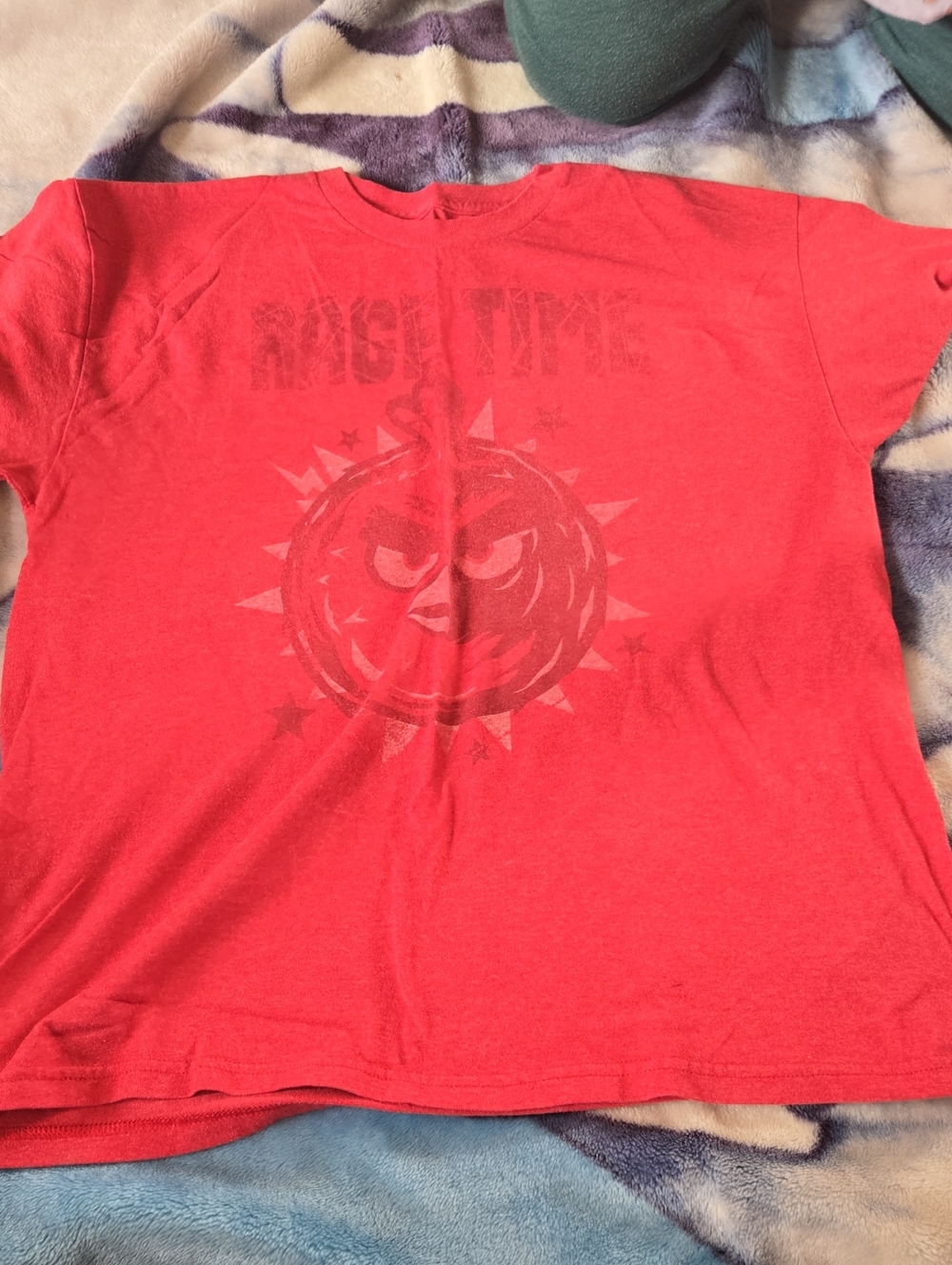 3/$20 Red Short-Sleeve Graphic Tee with Angry Sun Motif